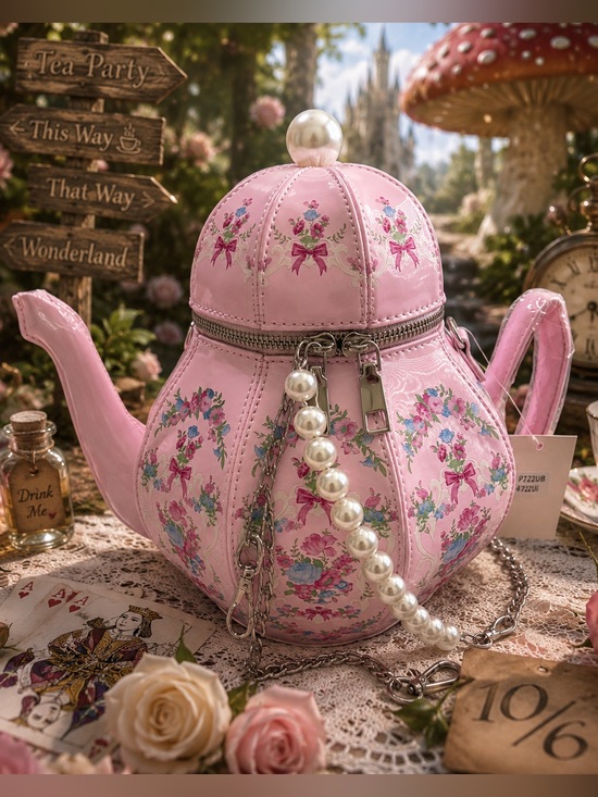 None Accessories - Pink Teapot Crossbody Purse | Cottagecore Floral Novelty Crossbody